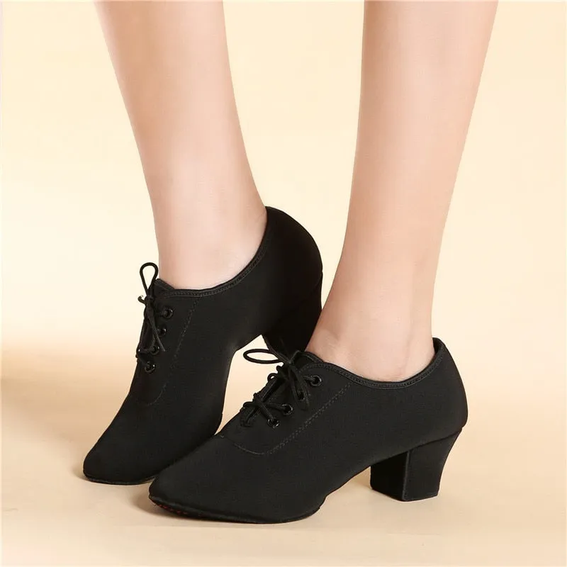 SUN LISA Women's Lady's Girl's Indoor Oxford Leather Sole Chunky Heel Sneaker Ballroom Modern Latin Dance Shoes 5cm Heel High