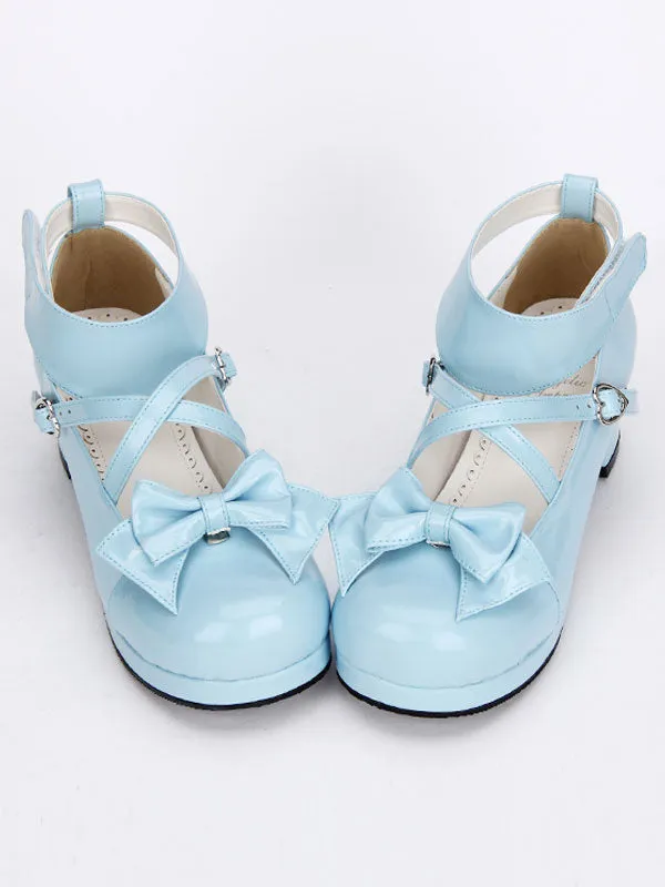 Sweet Lolita Shoes Light Blue Cross Bow Cute Lolita Shoes Ankle Strap Low Heels Lolita Pumps With Detachable Bow