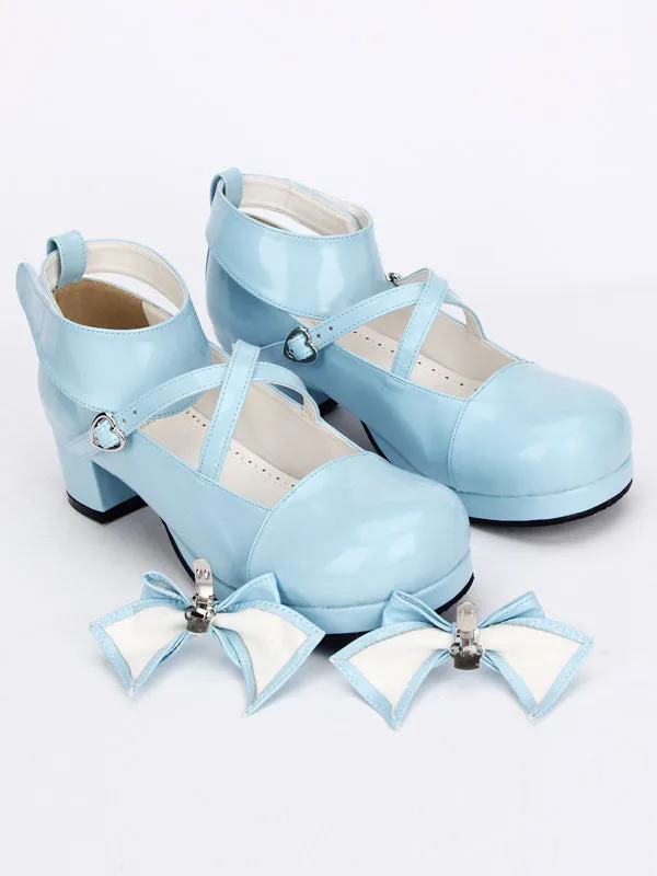 Sweet Lolita Shoes Light Blue Cross Bow Cute Lolita Shoes Ankle Strap Low Heels Lolita Pumps With Detachable Bow