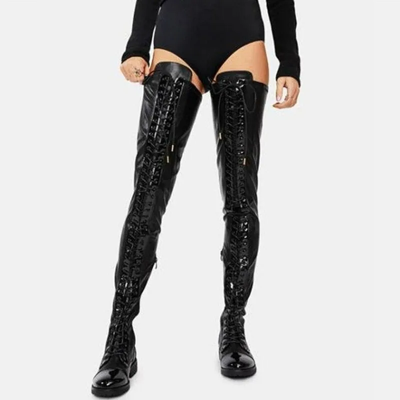 Thigh High Boots Women Winter Shoes Low Heels Lace-up Punk Shoes