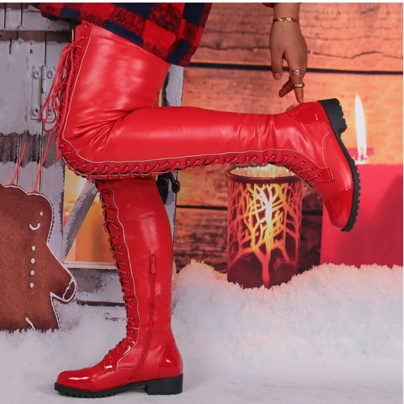 Thigh High Boots Women Winter Shoes Low Heels Lace-up Punk Shoes