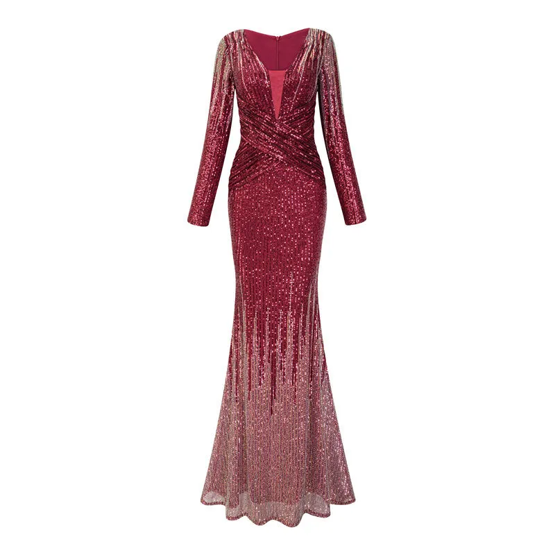 Two Color Sequin Evening Gown with Long Sleeves and Draped V-Neck Design