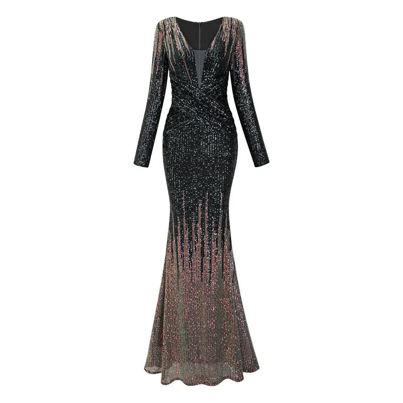 Two Color Sequin Evening Gown with Long Sleeves and Draped V-Neck Design
