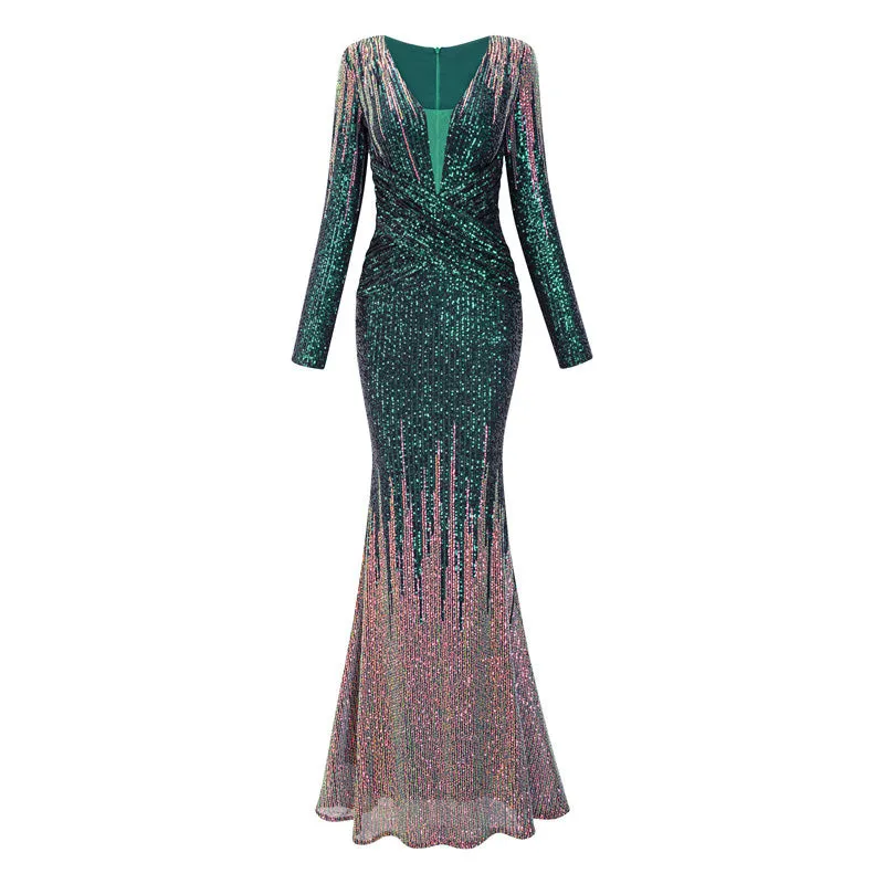 Two Color Sequin Evening Gown with Long Sleeves and Draped V-Neck Design