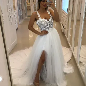 White Tulle Appliques Spaghetti Straps Side Slit Prom Dresses SG5782