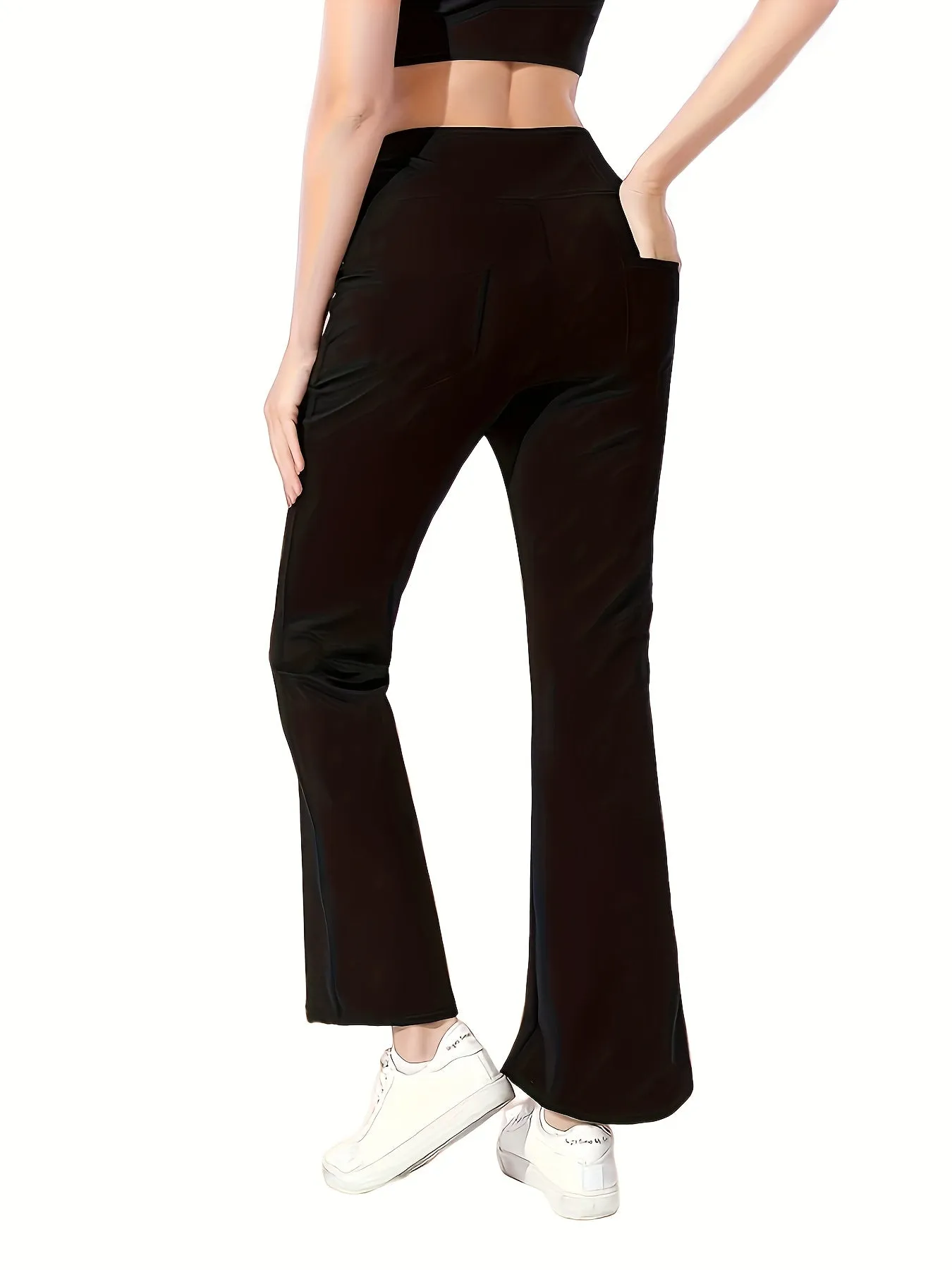 Women's High Waist Flare Yoga Pants with Pockets, Polyester and Spandex Blend, Solid Color, High Stretch, Knit Fabric, Warm Fleece Lined, Sports and Lounge Wear, Fall/Winter Season - Adult Athletic Bell Bottoms