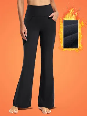 Women's High Waist Flare Yoga Pants with Pockets, Polyester and Spandex Blend, Solid Color, High Stretch, Knit Fabric, Warm Fleece Lined, Sports and Lounge Wear, Fall/Winter Season - Adult Athletic Bell Bottoms