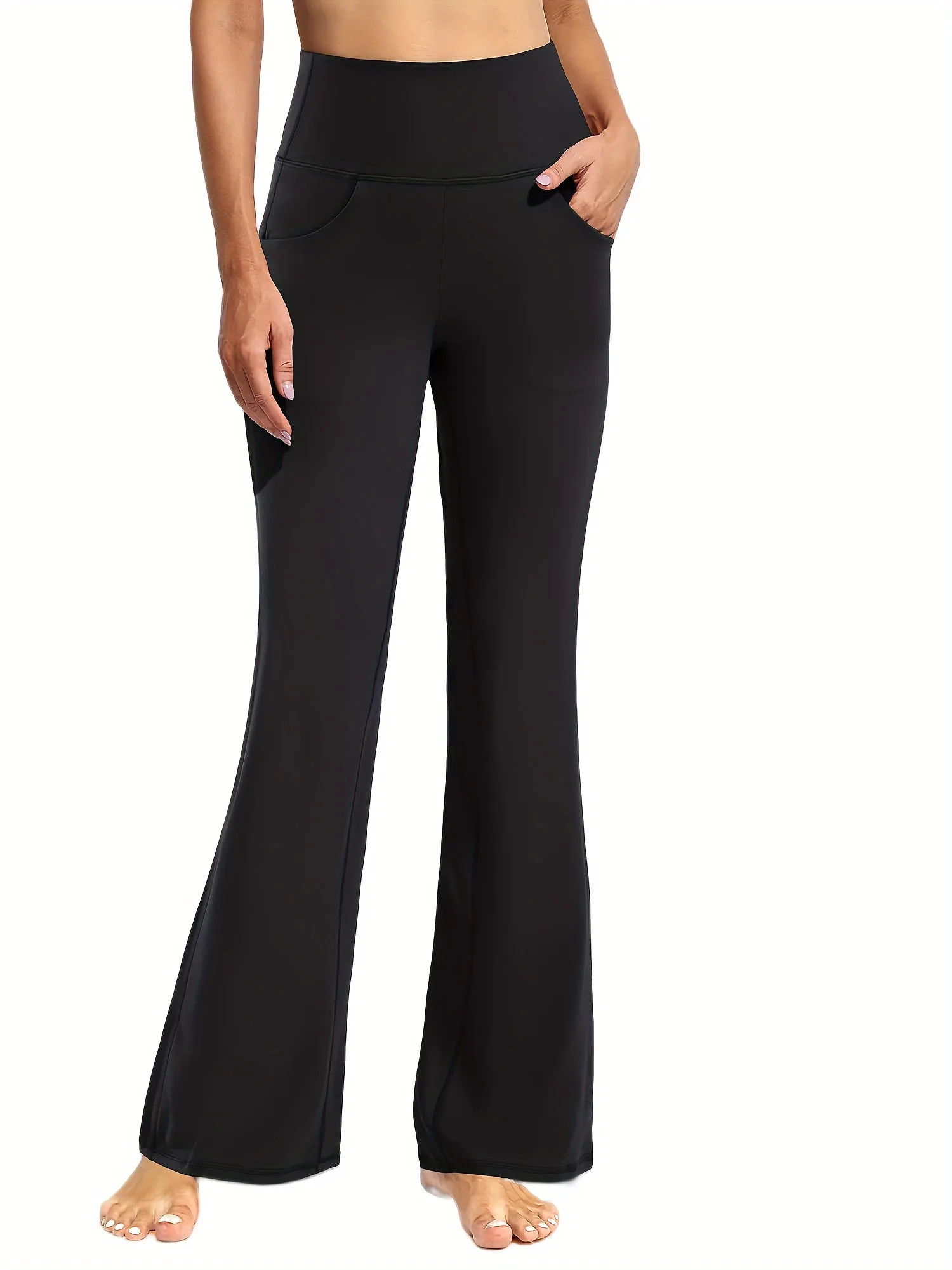 Women's High Waist Flare Yoga Pants with Pockets, Polyester and Spandex Blend, Solid Color, High Stretch, Knit Fabric, Warm Fleece Lined, Sports and Lounge Wear, Fall/Winter Season - Adult Athletic Bell Bottoms