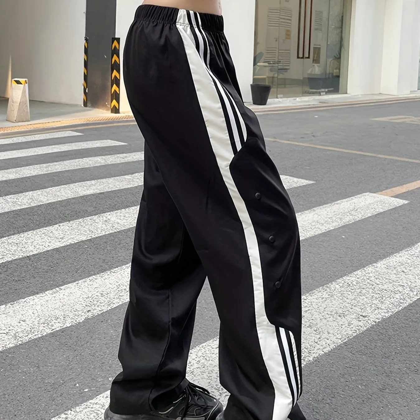 xieyinshe  Women's Activewear: White Strip Stitching Casual Loose Sports Pants - Summer Personality Street Wide Leg Pants