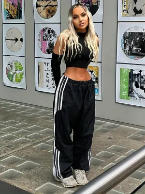 xieyinshe  Women's Activewear: White Strip Stitching Casual Loose Sports Pants - Summer Personality Street Wide Leg Pants