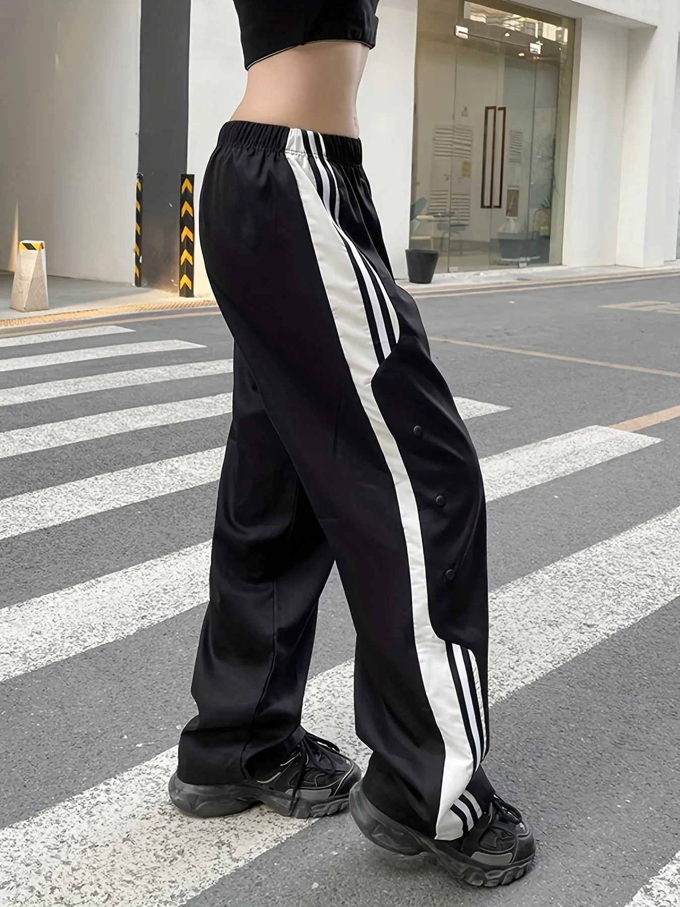 xieyinshe  Women's Activewear: White Strip Stitching Casual Loose Sports Pants - Summer Personality Street Wide Leg Pants
