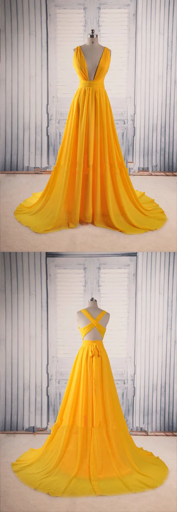 Yellow A Line V Neck Criss Cross Back Chiffon Long Prom Dresses OKB58